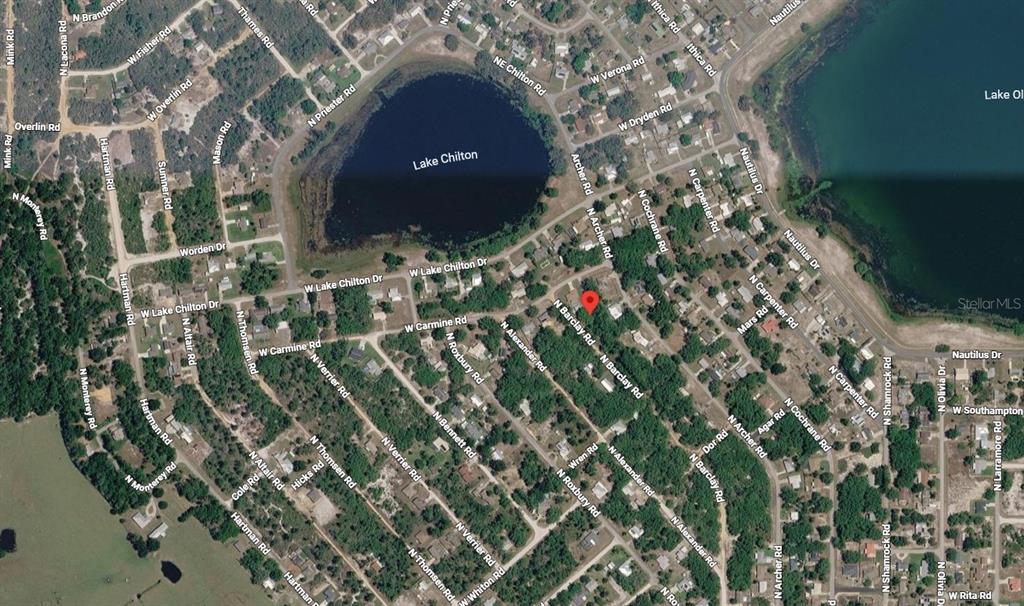 This is an aerial map showing residential streets and Lake Chilton — 2350 N BARCLAY ROAD, AVON PARK, FL