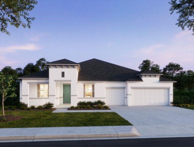 This is a rendering of a single-story house with a white exterior and three-car garage — 52 SLIPPER TRAIL, PALM COAST, FL