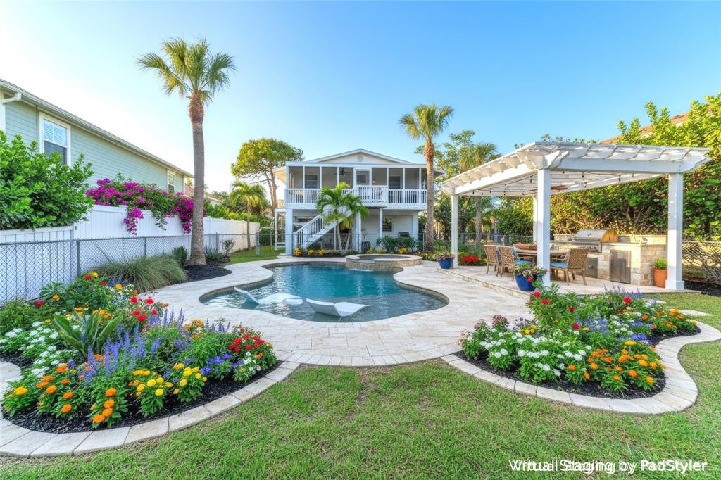 A backyard features a swimming pool, a pergola with an outdoor kitchen, and landscaped gardens — 517 SPRING AVENUE, ANNA MARIA, FL