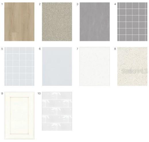 This image displays a collection of ten interior design material samples for a home — 13313 SANTINI CIRCLE, ENGLEWOOD, FL