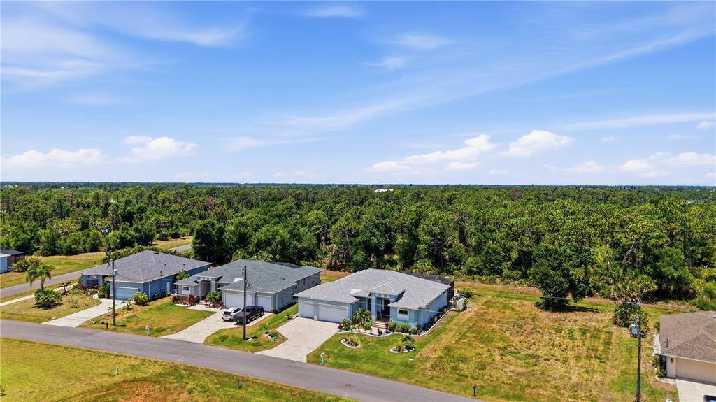 An aerial view shows three suburban houses situated along a road bordering a dense forest — 143 LONG MEADOW LANE, ROTONDA WEST, FL