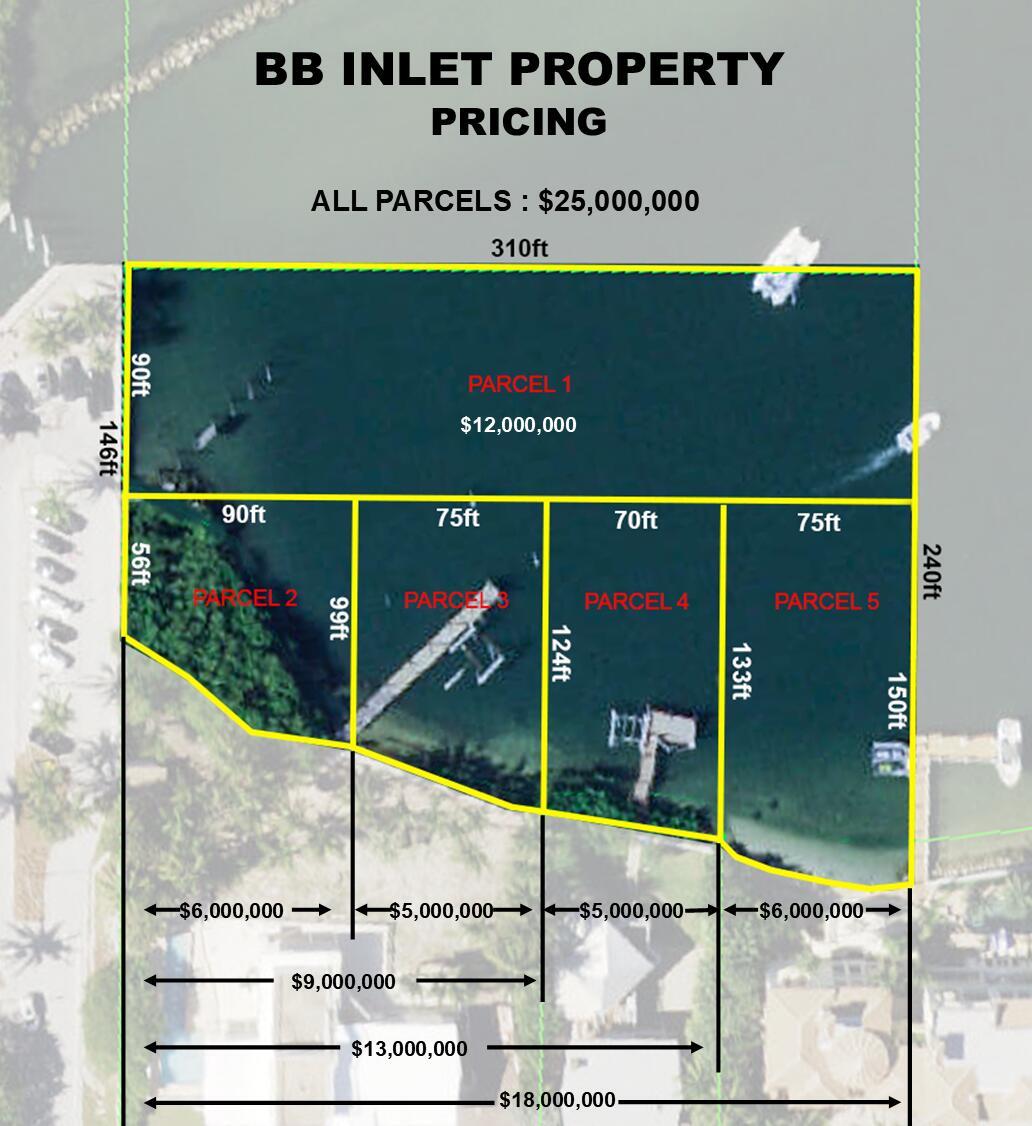 This map shows the pricing and dimensions for five waterfront land parcels at BB Inlet — 4020 S Ocean Boulevard, Manalapan FL 33462, MANALAPAN, FL