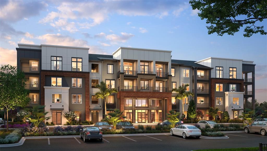 This is a digital rendering of a modern multi-story apartment building with a parking lot — 35820 N US HWY 19 UNIT C1, PALM HARBOR, FL