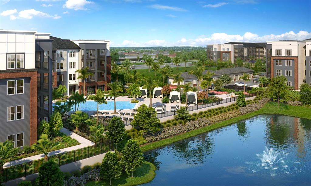 This architectural rendering shows a multi-story apartment complex with a swimming pool and a pond — 35820 N US HWY 19 UNIT C1, PALM HARBOR, FL