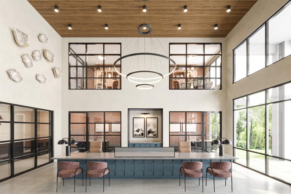 This is a rendering of a modern office lobby with a reception desk and glass partitions — 35820 N US HWY 19 UNIT C1, PALM HARBOR, FL