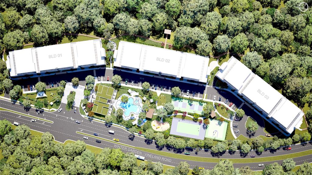This architectural rendering shows three apartment buildings with a pool and sports courts — 10009 CRISBERT CT ROAD UNIT 308D, ORLANDO, FL