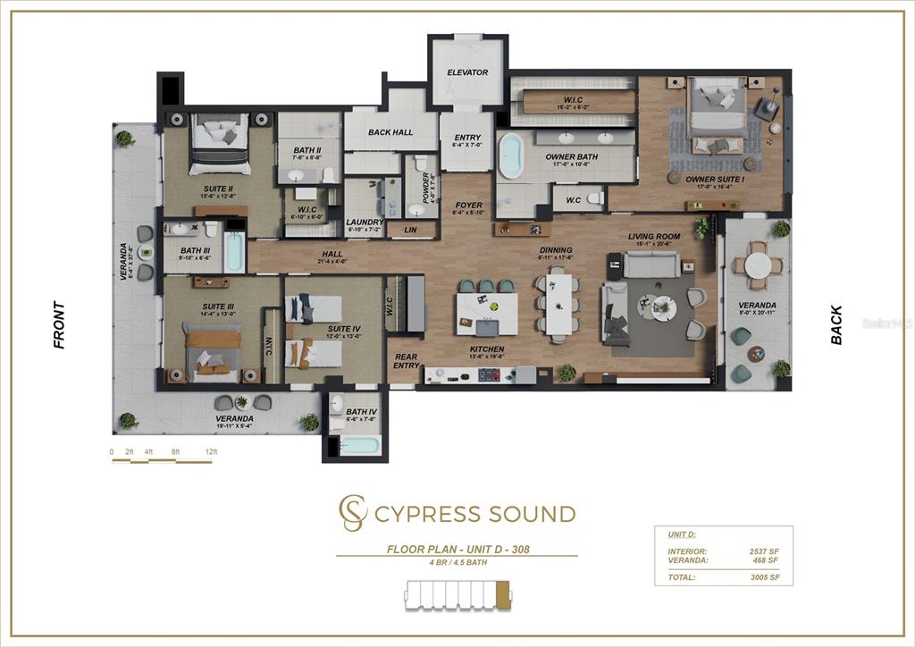 This is a floor plan for a four-bedroom, four-and-a-half-bath residential unit with multiple verandas — 10009 CRISBERT CT ROAD UNIT 308D, ORLANDO, FL