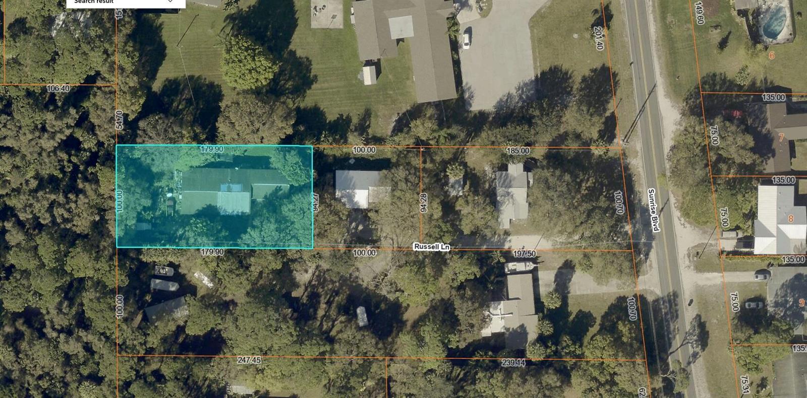 This is an aerial map showing property boundaries and dimensions for a residential lot — 1408 Russell Lane, Fort Pierce FL 34982, FORT PIERCE, FL