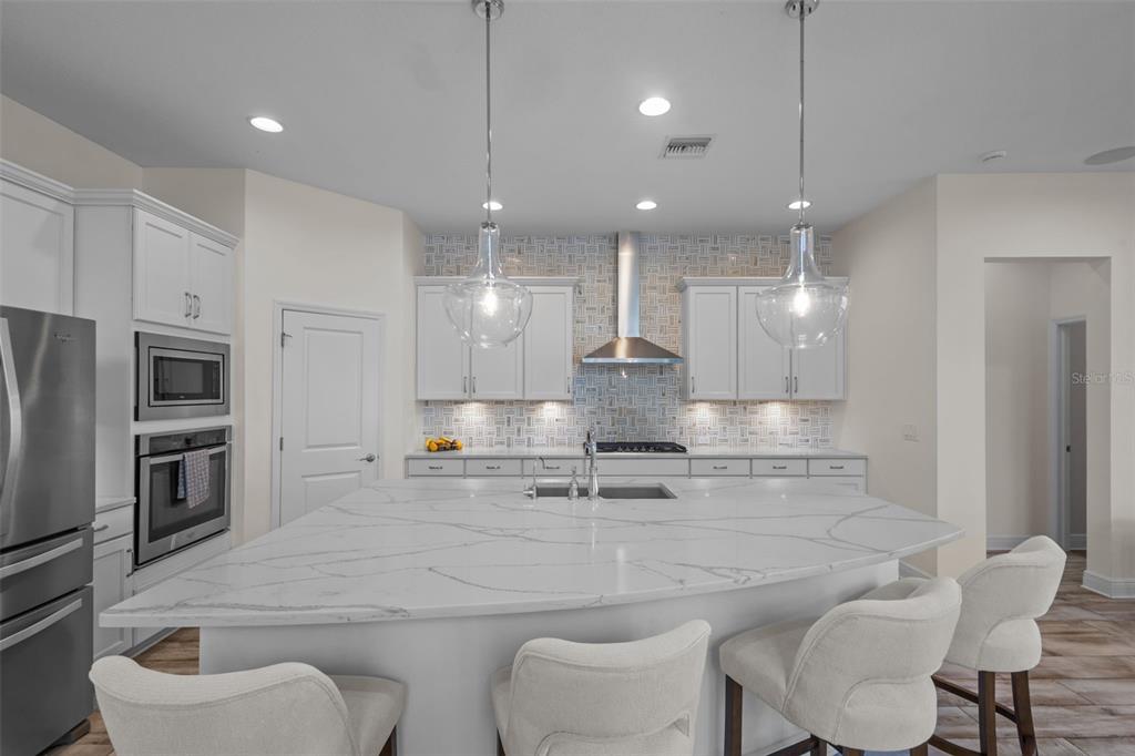 A modern kitchen features white cabinetry, a large marble-topped island, and stainless steel appliances — 2515 PORTICO STREET, ODESSA, FL