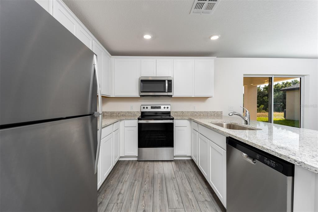 A kitchen with white cabinets, granite countertops, stainless steel appliances, and wood-look flooring — 3208 SEVILLE STREET, LAKE ALFRED, FL