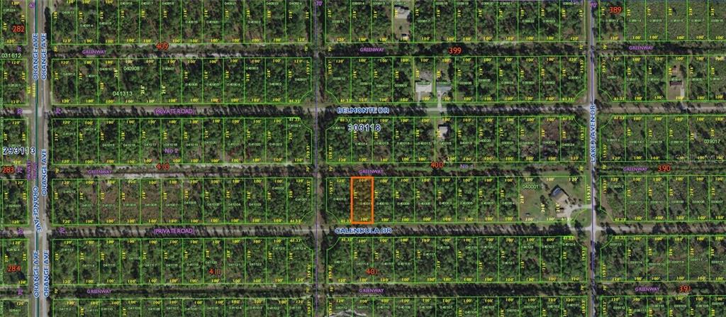 This is a satellite map showing a highlighted rectangular plot of land in a residential area — CALENDULA DRIVE, INDIAN LAKE ESTATES, FL