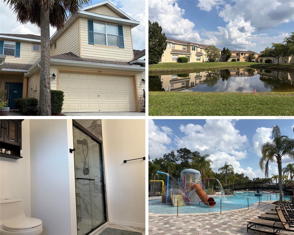 A collage shows a house exterior, a pond, a tiled shower, and a community pool — 8914 IRON OAK, TAMPA, FL