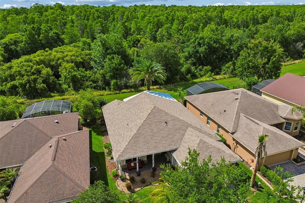 An aerial view shows the back of a suburban house with a screened-in pool area — 184 VENTANA DR, POINCIANA, FL