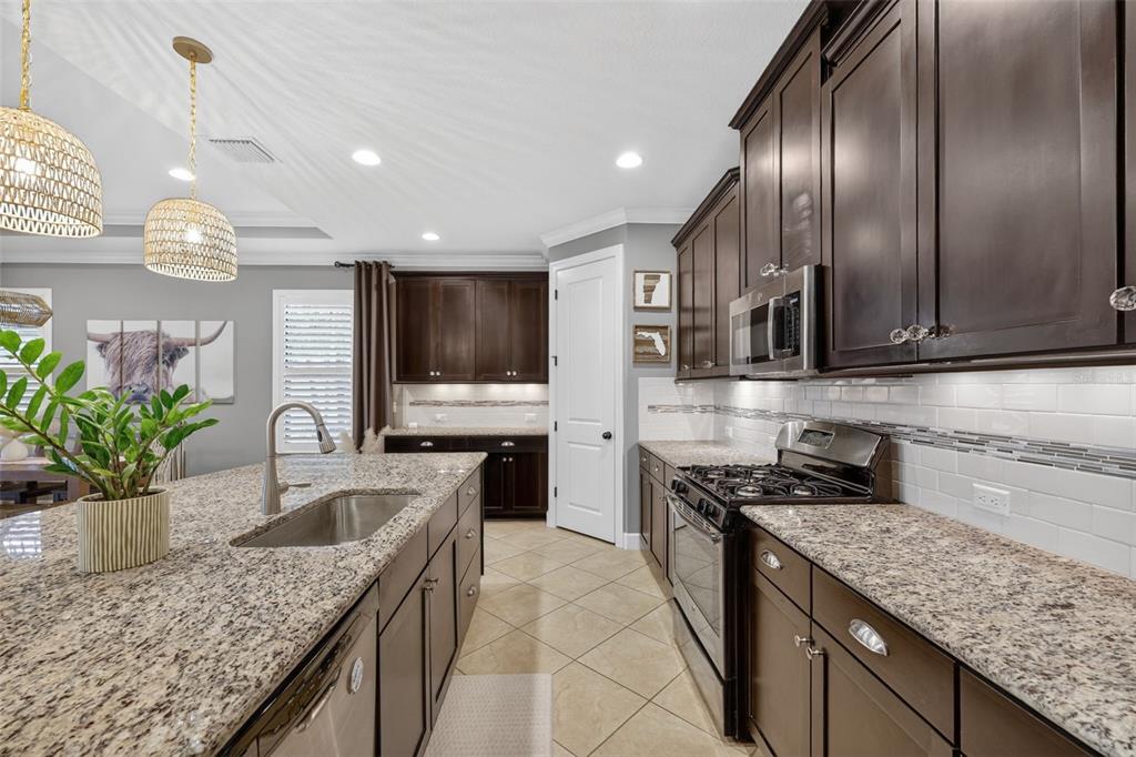 A kitchen features dark wood cabinets, granite countertops, a center island, and stainless steel appliances — 13202 PRIMA DRIVE, BRADENTON, FL