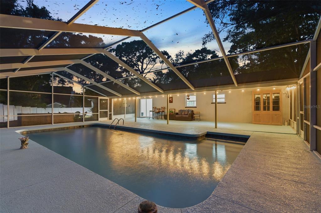A screened-in patio features a swimming pool, concrete decking, and string lights at dusk — 3084 SPIREA STREET, SARASOTA, FL