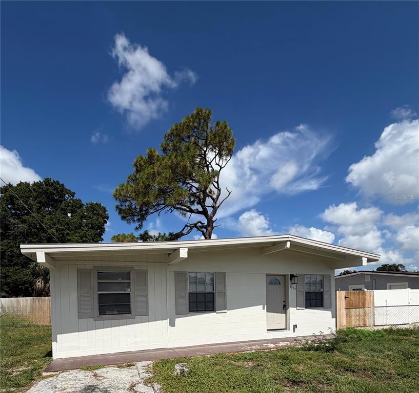 A single-story house with white siding, gray shutters, and a large pine tree nearby — 7508 N THATCHER AVENUE, TAMPA, FL