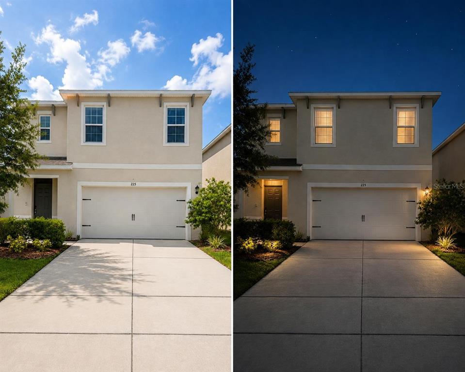 A two-story house with a two-car garage is shown in daylight and nighttime views — 225 GINA LANE, DAVENPORT, FL