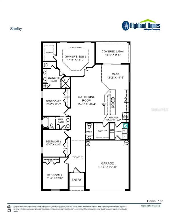 This is a floor plan for a four-bedroom home featuring a central gathering room and garage — 217 DANCING DAHLIA STREET, RUSKIN, FL
