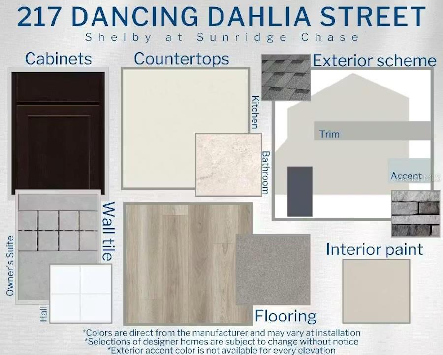 This design board displays interior finishes, flooring, and exterior color schemes for a home — 217 DANCING DAHLIA STREET, RUSKIN, FL