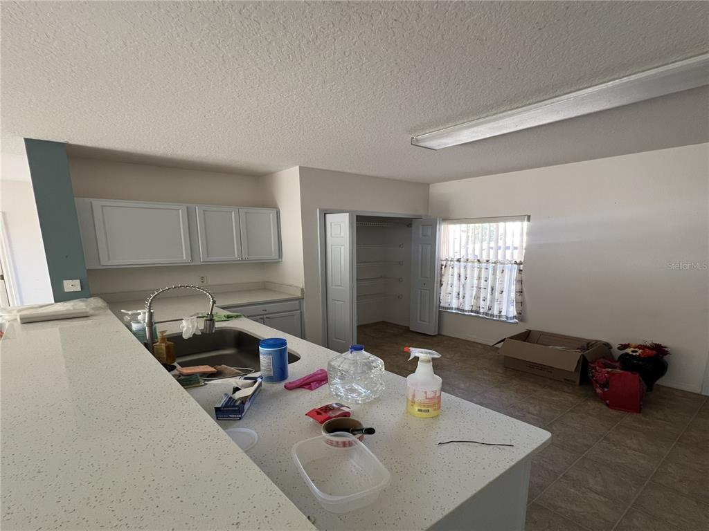 A kitchen features light gray cabinets, a white speckled countertop, and an open pantry closet — 735 COLVILLE PLACE, KISSIMMEE, FL