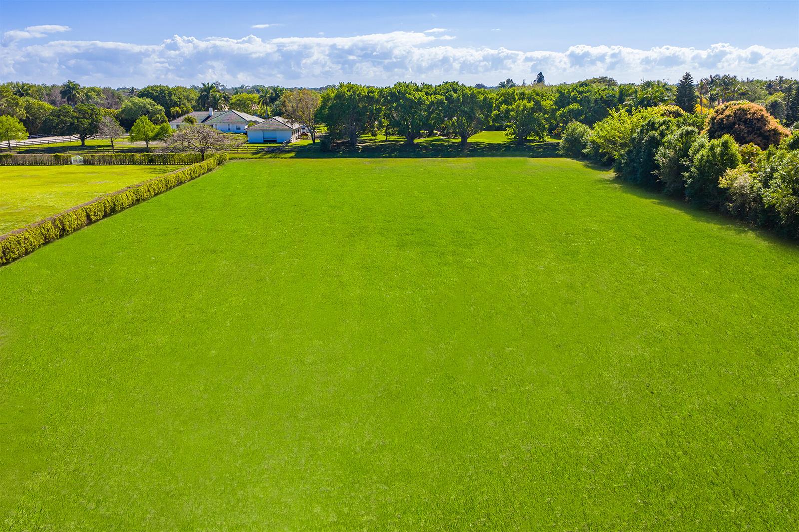 An aerial view shows a large, flat green field bordered by trees and a hedge — 14404 Wellington Trace, Wellington FL 33414, WELLINGTON, FL