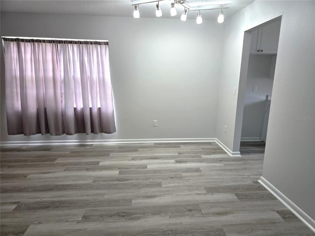 This room features light gray walls, wood-look flooring, a window with curtains, and track lighting — 201 N HILL AVENUE UNIT 150, DELAND, FL