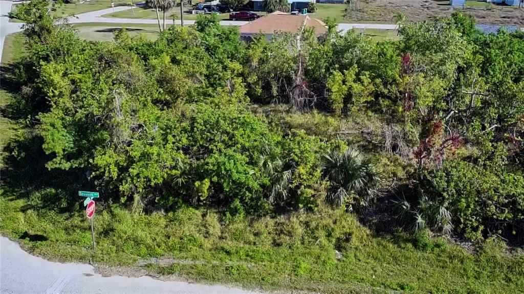 An overgrown, vacant corner lot features a stop sign and dense vegetation — 11272 7TH AVENUE, PUNTA GORDA, FL