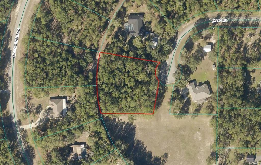An aerial map view shows a wooded, rectangular residential lot outlined in red — SW 90TH PLACE, DUNNELLON, FL