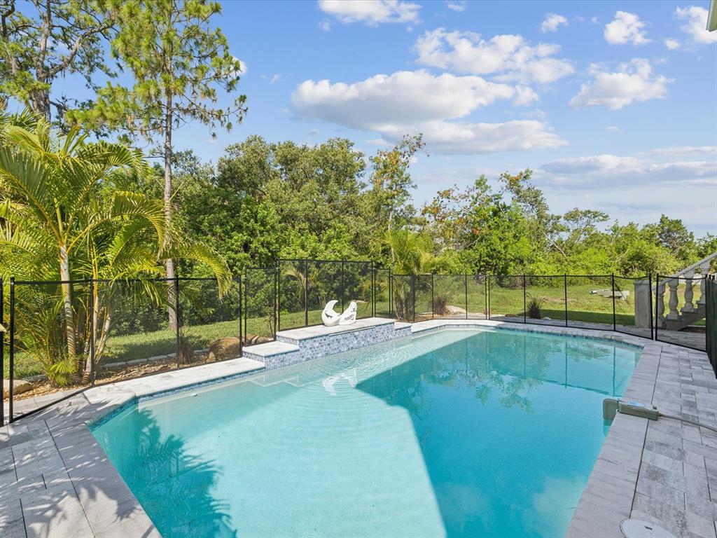 A rectangular swimming pool with a tiled ledge and safety fence sits in a backyard — 5621 EGRETS PLACE, NEW PORT RICHEY, FL