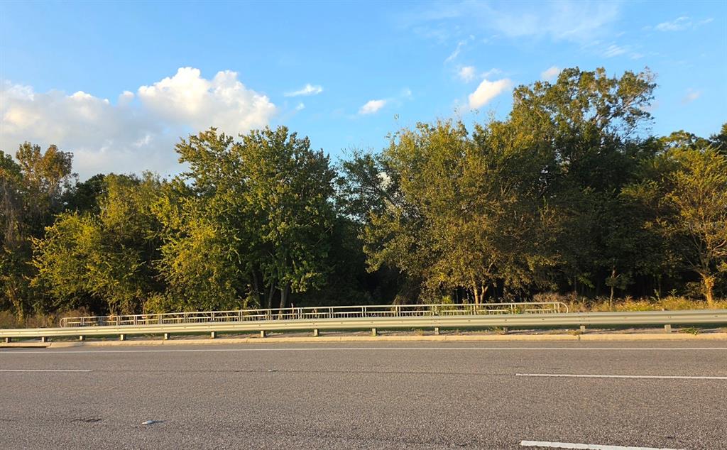 A metal guardrail runs along the edge of an asphalt road in front of dense trees — 10847 E COLONIAL DRIVE, ORLANDO, FL