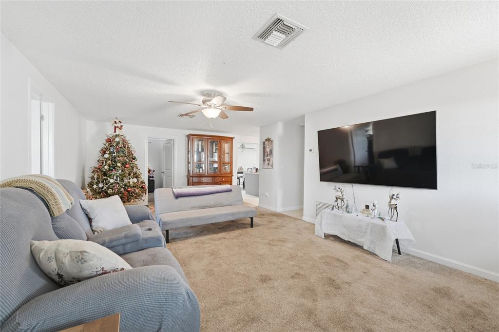 A living room features beige carpeting, a large wall-mounted television, and a Christmas tree — 2455 KIMBERLY DRIVE, DELTONA, FL