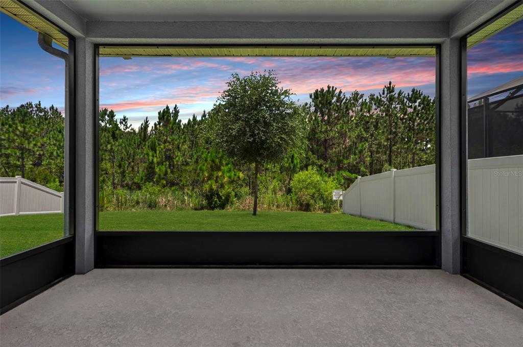 A covered screened-in patio overlooks a grassy backyard with a tree and a wooded area — 306 EAGLE HARBOR WAY, DAYTONA BEACH, FL