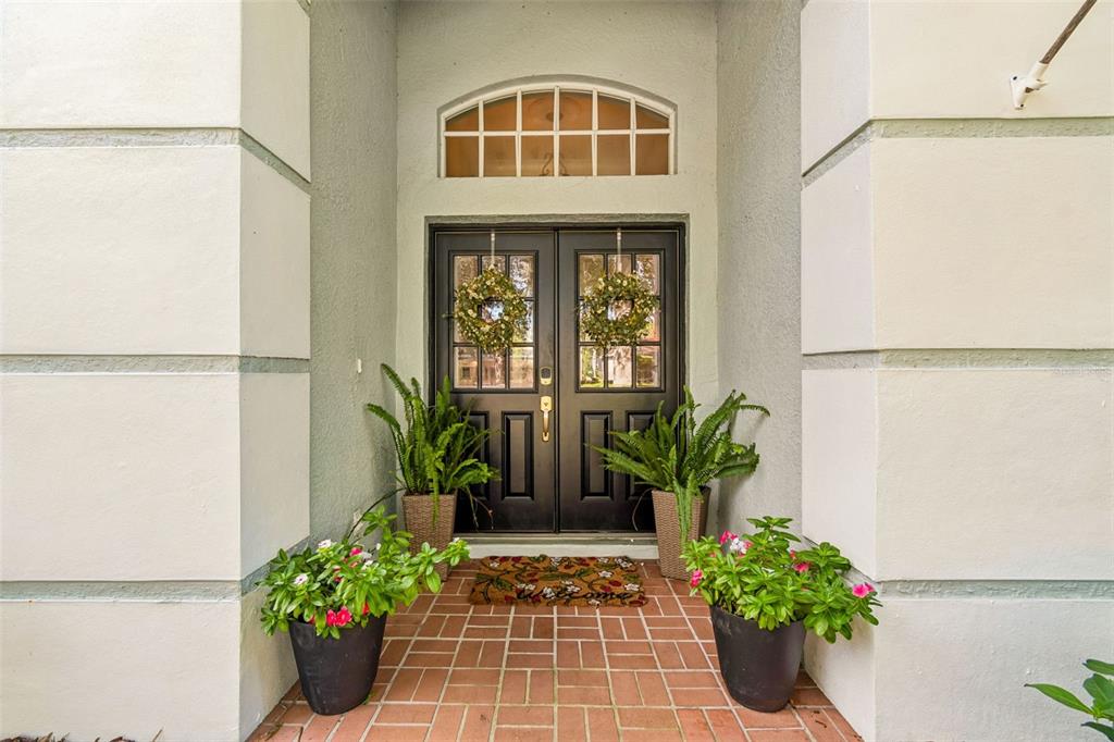 A front entryway features double black doors, a transom window, and potted plants on brick — 3618 CORDGRASS DRIVE, VALRICO, FL