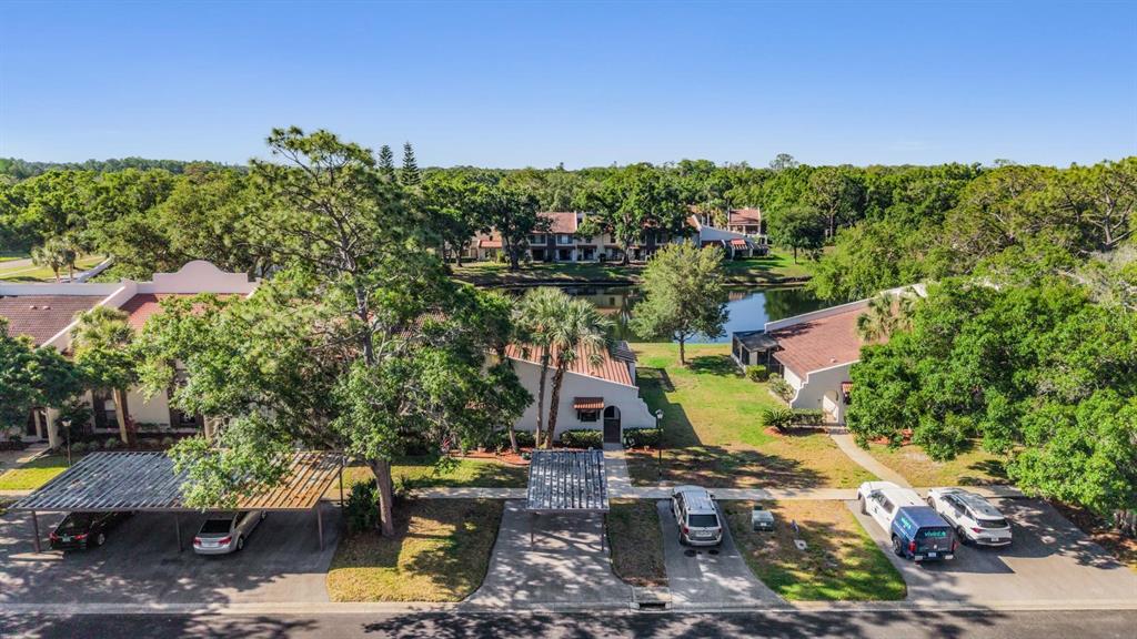 An aerial view of townhomes with covered parking, a central pond, and surrounding trees — 3505 TARPON WOODS BOULEVARD UNIT N401, PALM HARBOR, FL