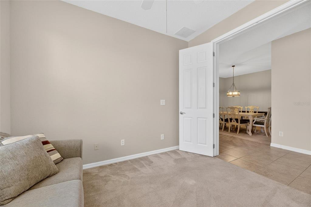 A carpeted room with a sofa faces an open doorway leading to a dining area — 5667 SUNSET FALLS DRIVE, APOLLO BEACH, FL