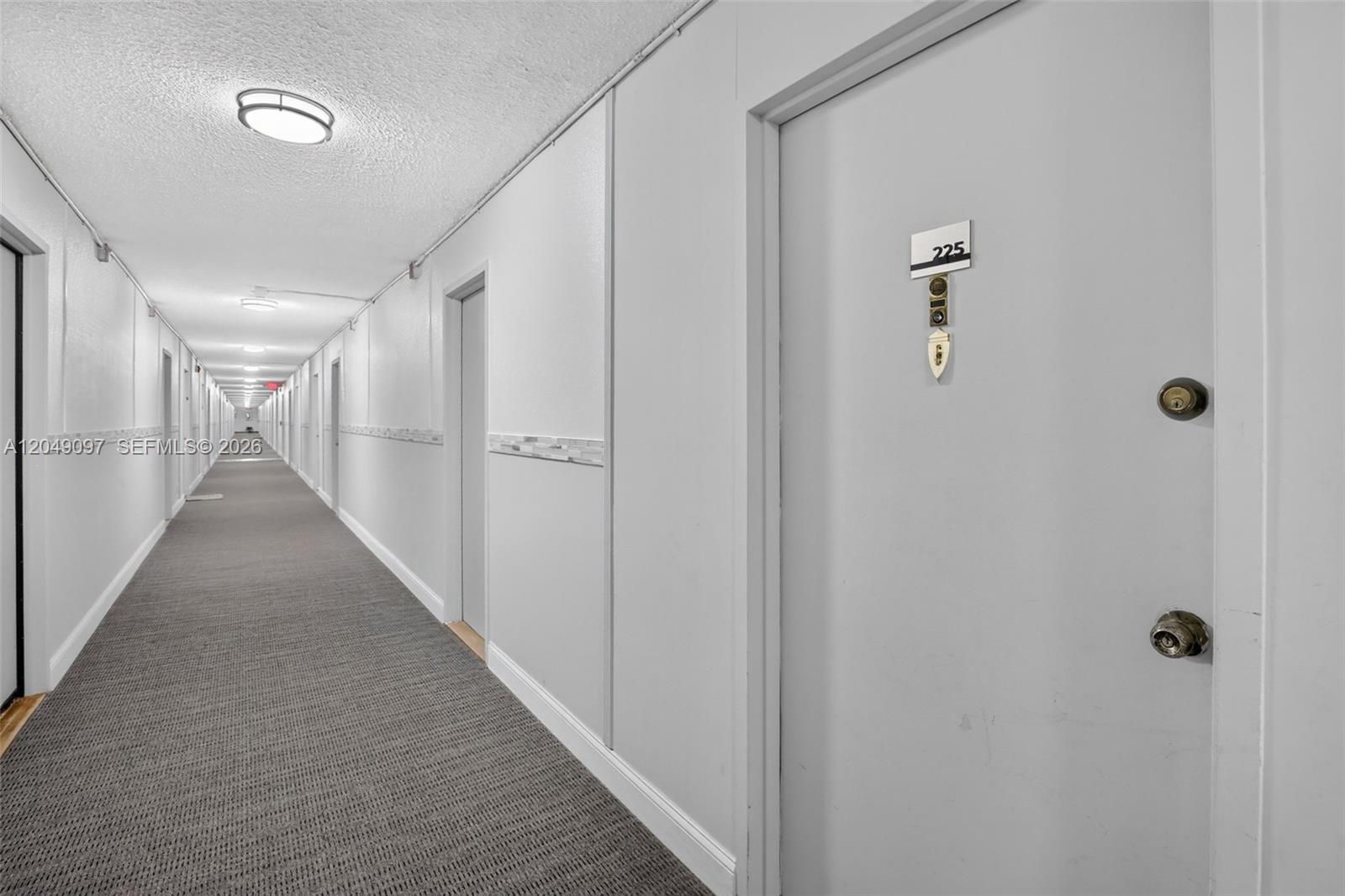 A long, narrow apartment hallway features gray carpeting, white walls, and numbered unit doors — 1913 S Ocean Dr # 225, Hallandale Beach FL 33009, HALLANDALE BEACH, FL