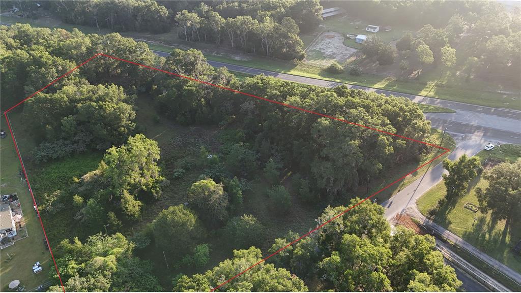 An aerial view shows a wooded, triangular plot of land outlined in red — 2303 NW 145TH STREET, CITRA, FL