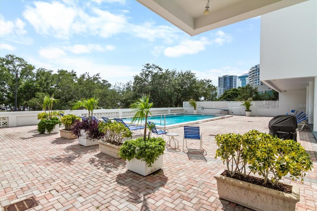 A paved pool deck features potted plants, lounge chairs, and a view of city buildings — 33 S GULFSTREAM AVENUE UNIT 305, SARASOTA, FL