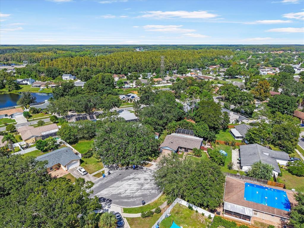 An aerial view shows a suburban neighborhood with houses, trees, and a cul-de-sac — 15911 IRONWARE PLACE, TAMPA, FL