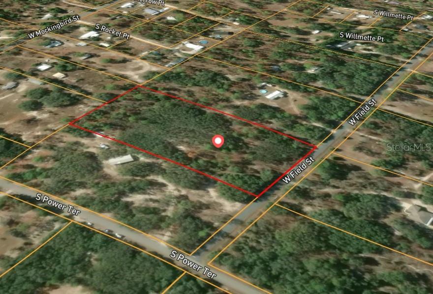 An aerial map view shows a rectangular, wooded vacant lot outlined in red — 4274 W FIELD STREET, HOMOSASSA, FL