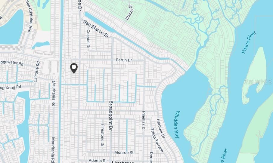 This is a map showing residential streets and waterways in a coastal neighborhood — 2090 HIGHLANDS ROAD, PUNTA GORDA, FL