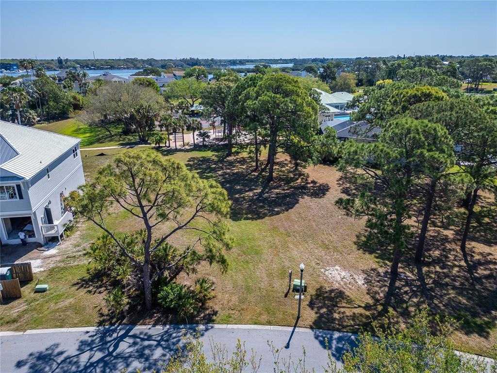 An aerial view shows a vacant residential lot with several trees next to a house — HARBOUR WATCH DRIVE, TARPON SPRINGS, FL