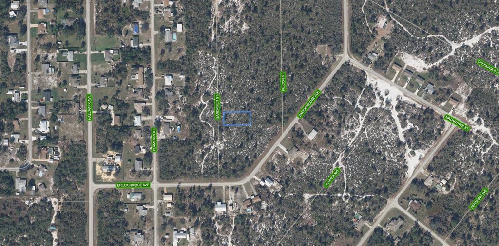 An aerial view shows a rectangular vacant lot highlighted in blue within a wooded area — 239 SANDPIPER STREET, LAKE PLACID, FL