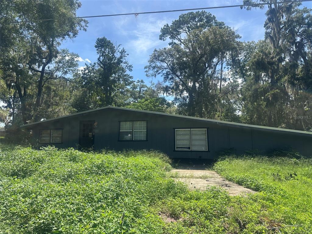 A single-story house with dark siding is surrounded by overgrown grass and mature trees — 1610 NE 14TH AVENUE, OCALA, FL