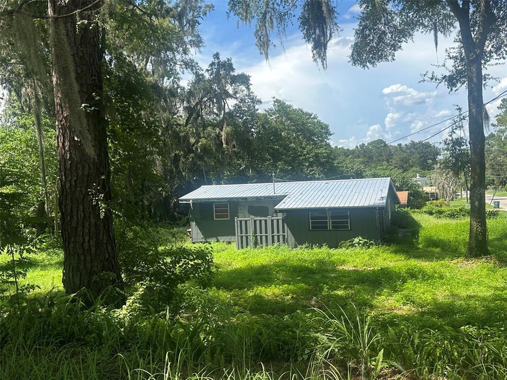 A small, single-story house with a metal roof sits in a grassy, wooded lot — 1610 NE 14TH AVENUE, OCALA, FL