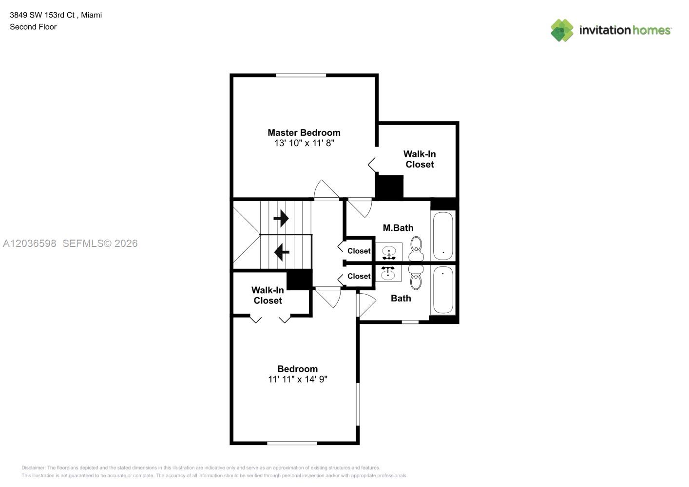 This is a floor plan of a second-floor layout featuring two bedrooms and two bathrooms — MIAMI, FL