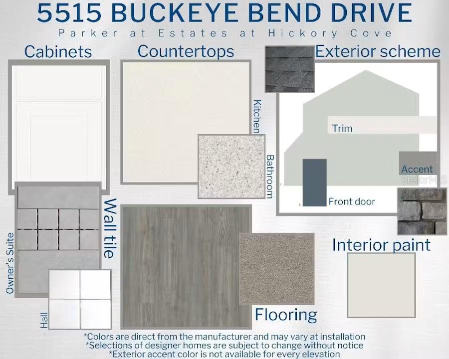 This design board displays interior and exterior finish selections for a new home construction project — 5515 BUCKEYE BEND DRIVE, ST CLOUD, FL