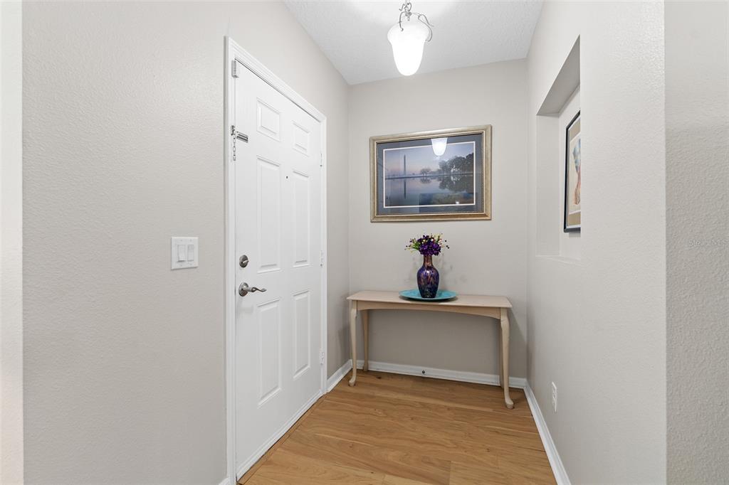 An entryway features a white front door, a console table with a vase, and wood flooring — 3605 CAPE COURT, ST CLOUD, FL