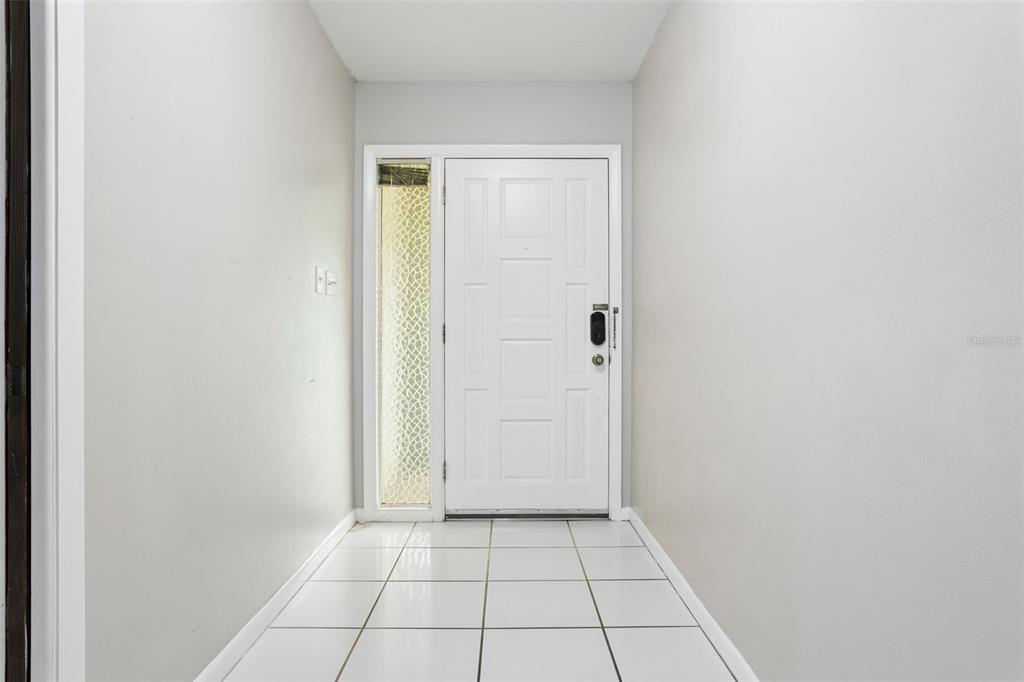 A white front door with a textured glass sidelight opens into a tiled entryway — 2801 WILSON CIRCLE, LUTZ, FL