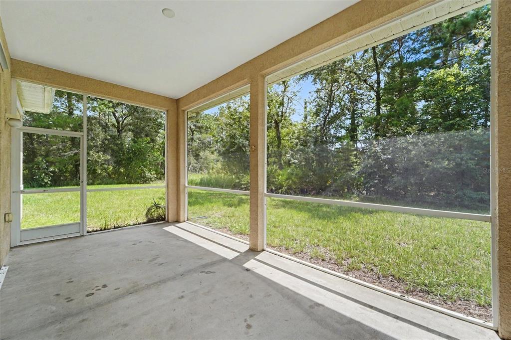 A screened-in concrete patio overlooks a grassy backyard with trees — 48 CACTUS STREET, HOMOSASSA, FL